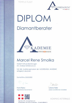 Diplom des Diamantberaters Marcel René Smolka