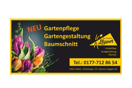 Visitenkarte von Blumen Lüggert – ein Geschäft für Grabpflege, Grabgestaltung und Floristik in Ahlen